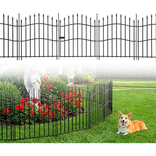 Garvee No Dig Metal Garden Fence 10 Pack with Gate, 32in (H) x 22ft Total Length Rustproof Animal Barrier for Yard, Patio