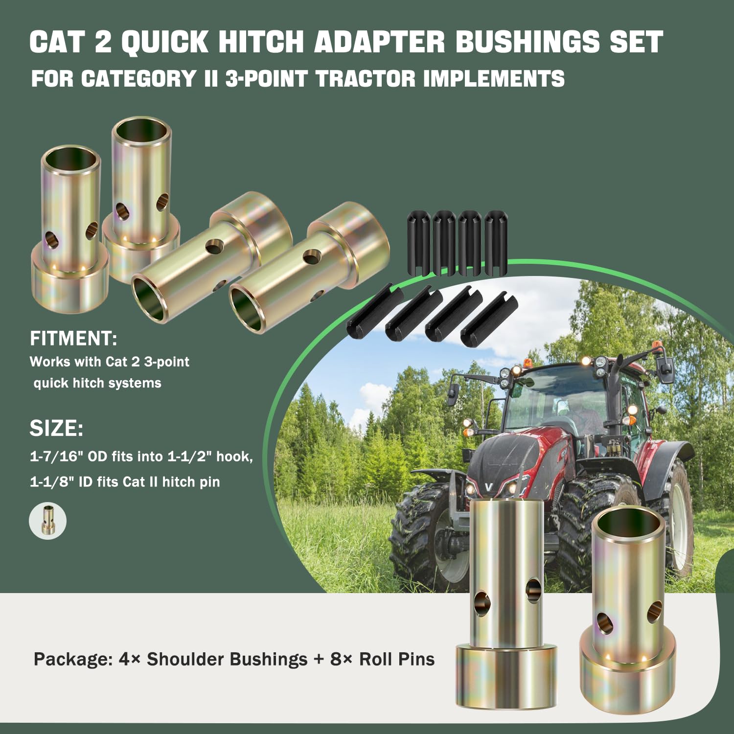 2 Pares de bujes adaptadores de Enganche rápido Cat 2, Aptos para Tractores de Enganche rápido de categoría II de 3 Puntos con pasadores de Rodillo