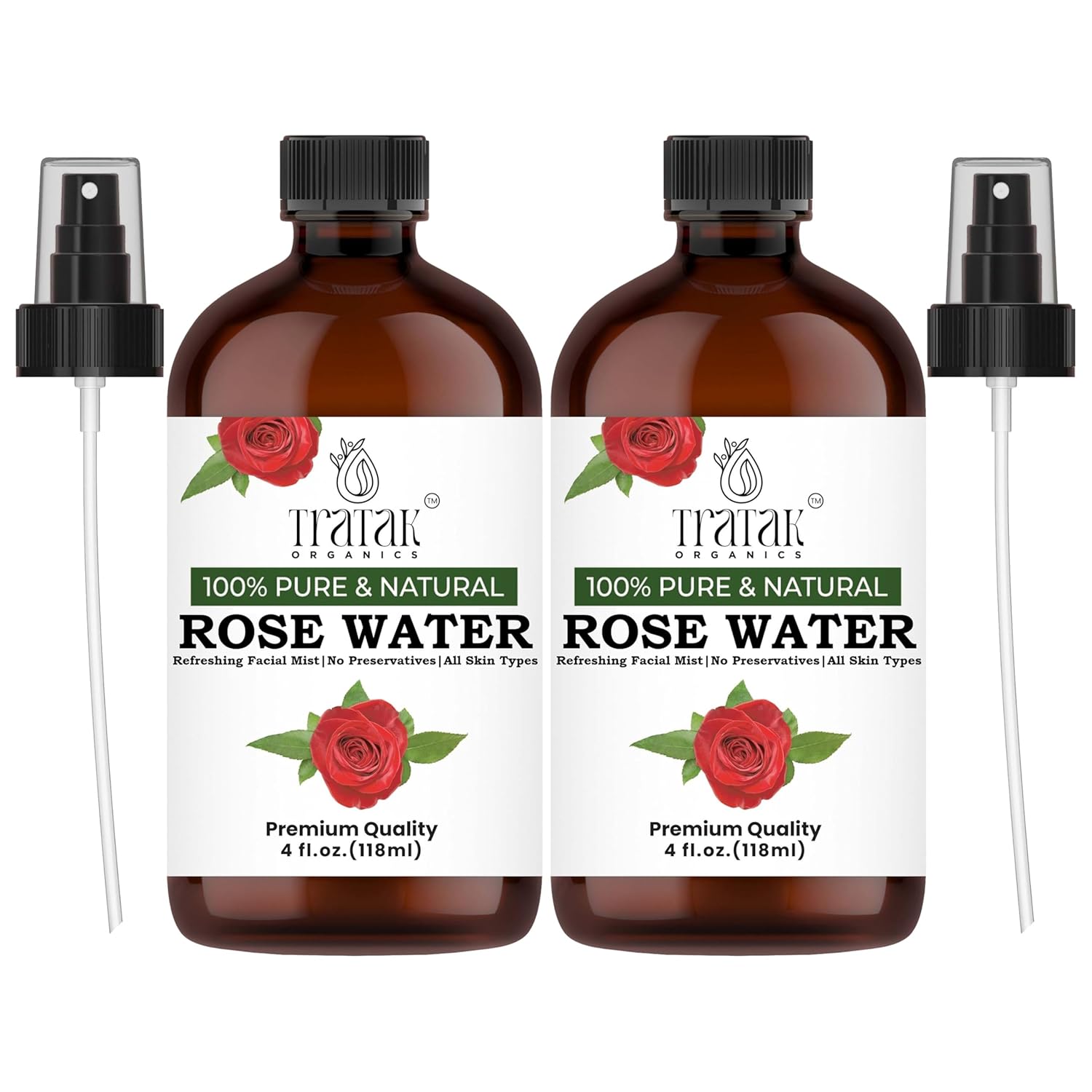 Rose Water 4 fl oz (118 ml) Organic Refreshing Rose Water Spray for Face & Skin Hydration, Pure Rosewater for Hair & Makeup Setting Spray, Reduce Eye Puffiness, Dark Circles & Redness (Pack of 2)