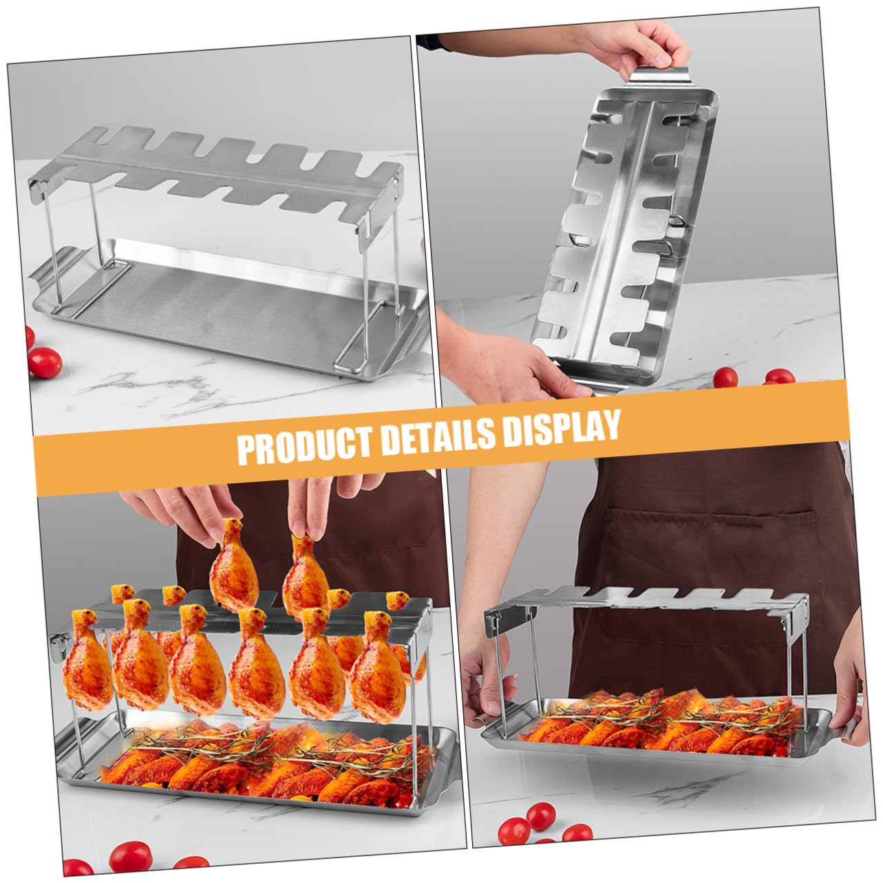 Soporte para Pollo de Acero Inoxidable con Bandeja Antigoteo Parrilla Plegable para Barbacoa Herramienta Práctica para Exteriores y para Parrilladas Familiares y Camping