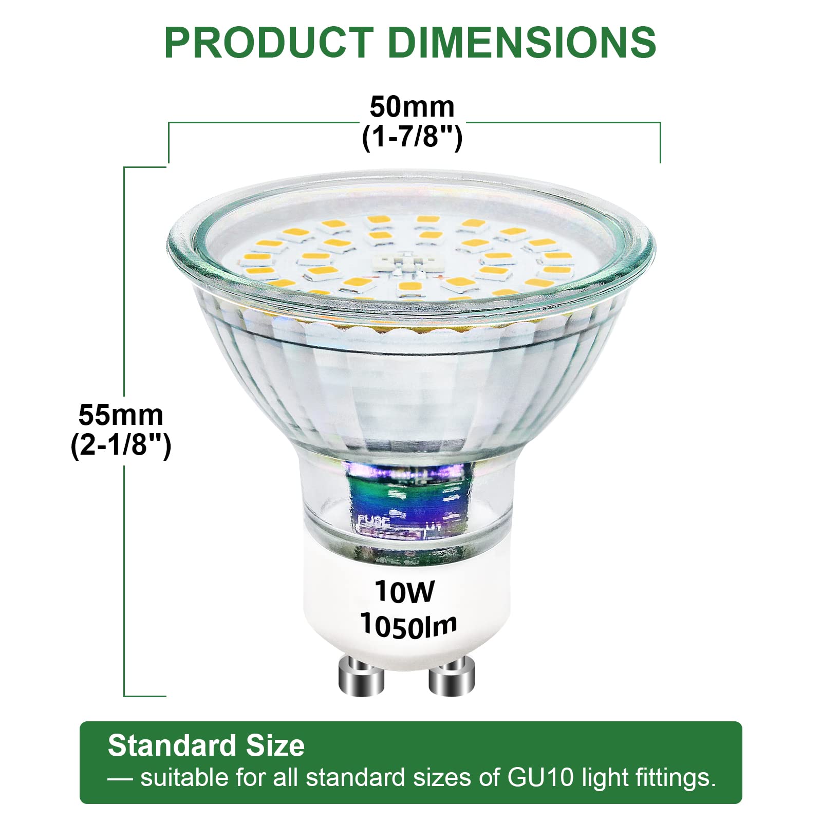 Bombillas LED GU10 10W Reemplaza 100W Halógeno 4500K Base de Vidrio 1050LM Foco LED Brillante 230V Ángulo de Abstracción 120°, No Regulable 10 piezas