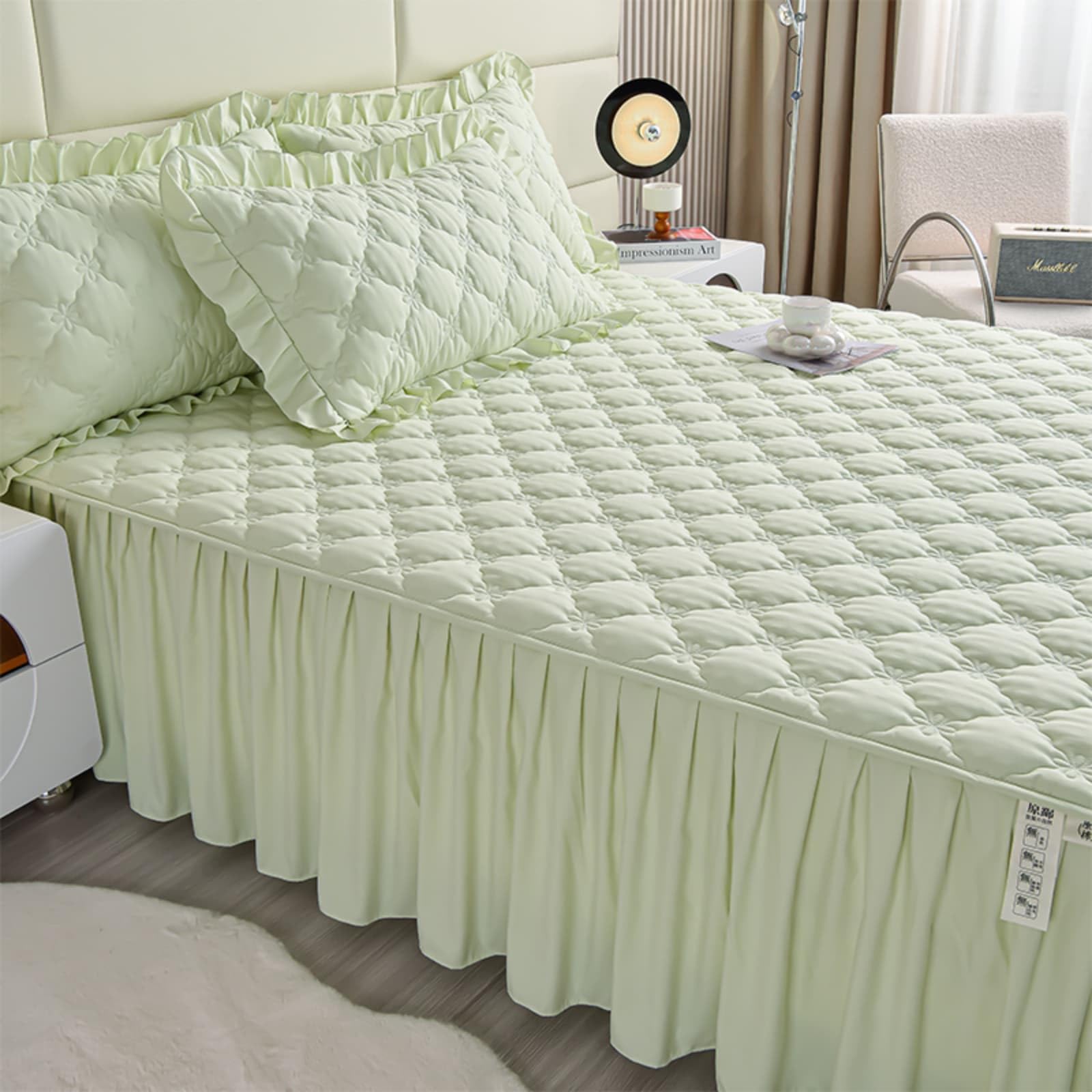 Odot Valance Fitted Sheet, Extra Deep Fitted Valance Sheets Single Double King Size Quilted Bedsheet with Skirt Solid Color Soft Microfibre Frilled Bedsheets Easy Care (Light Green,150x200cm)