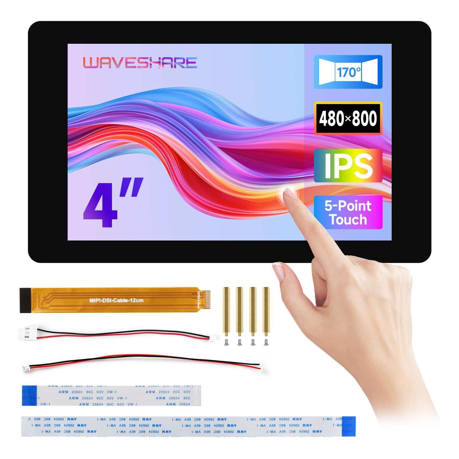 Waveshare 4inch DSI Capacitive Touch Display, Compatible with RPi 3A+/3B+/4B/5， 480 × 800, IPS Display Panel, 5-Point Touch, Optical Bonding Toughened Glass Panel