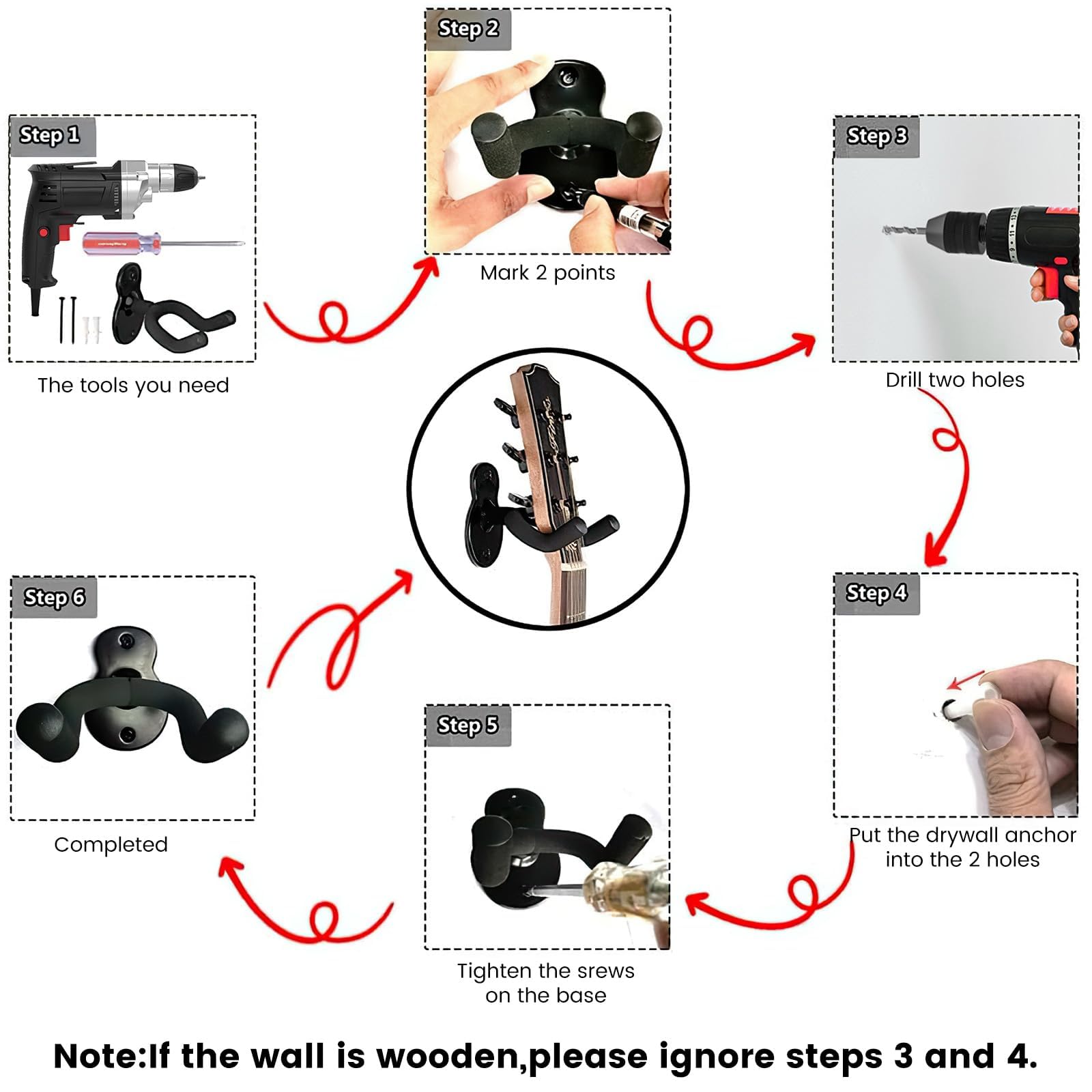 GUIGA 2PCS Supporto per Chitarra da Parete,Supporto per Gancio per Ukulele,Supporto da Parete per Chitarra, Porta Chitarra a Parete Bassi Elettrici Acustici e Ukulele, Nero Chiaro