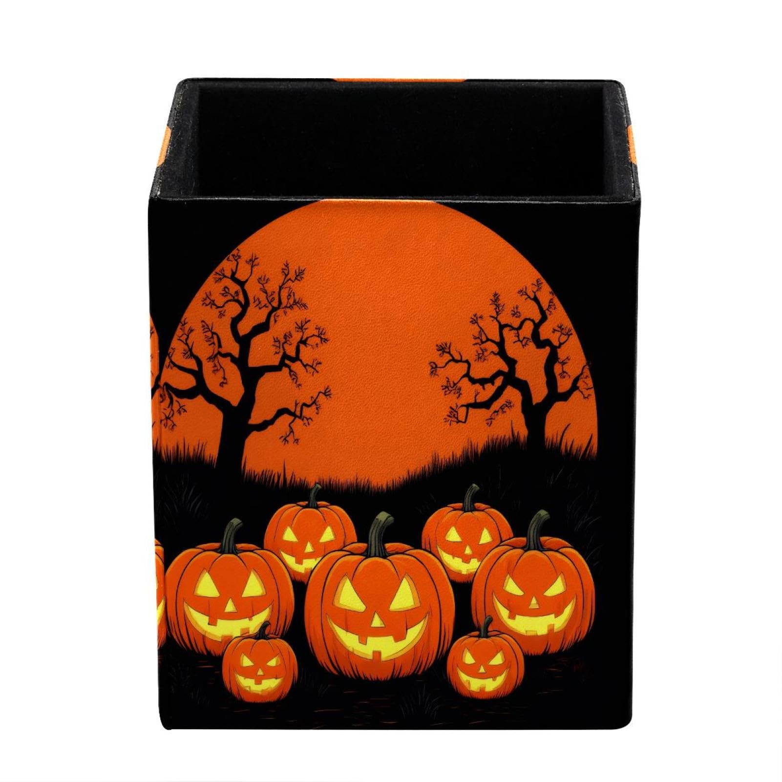 XingFox Forest Pumpkin Pen Holder for Desk Deco, Sqaure PVC Leather Pencil Cup for Desk Pen Organizer, Makeup Brush Holder for School, Home, Office