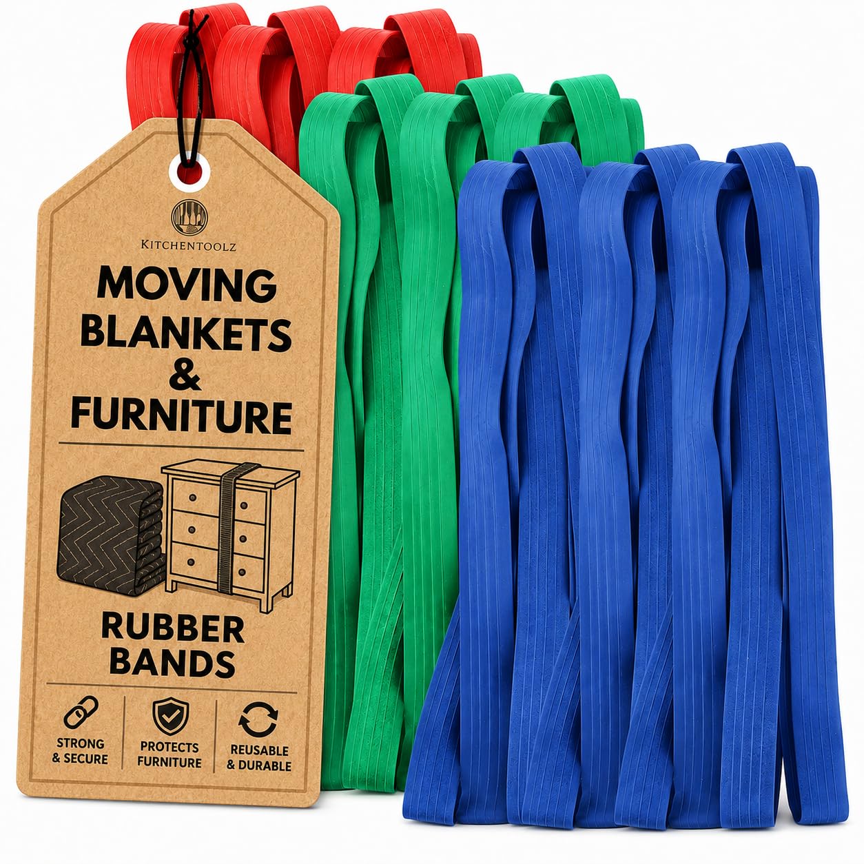kitchentoolz Extra Grande Moving goma bandas- Variety Pack-12 42", 30" y 26" Bandas Mover Longitud Extra Strength-para las paletas y las mantas de mudanza