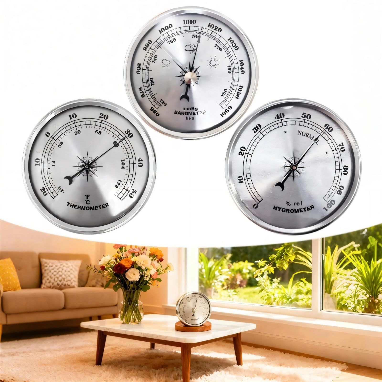 Kleines 90 mm silberfarbenes analoges Messgerät für Luftdruck/Temperatur/Messung mit Metallrand, Retro-Stil, analoge Barometer