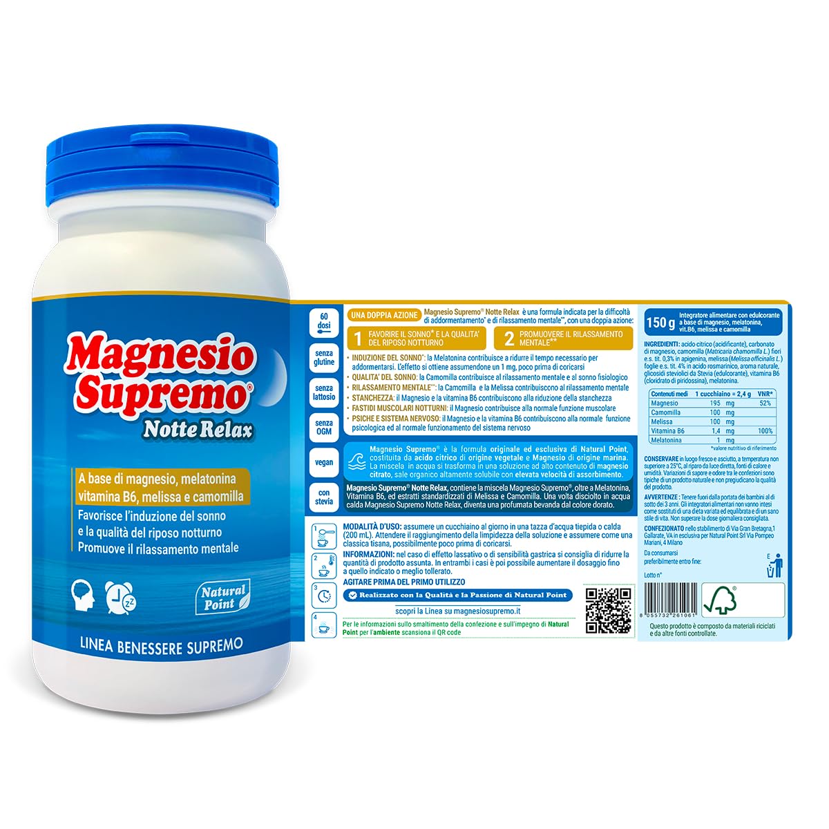 Natural Point Magnesio Supremo - Integratore Magnesio Solubile in Polvere - Contro Stanchezza e Affaticamento - Vegan, Senza Glutine (Conf 150g Notte)