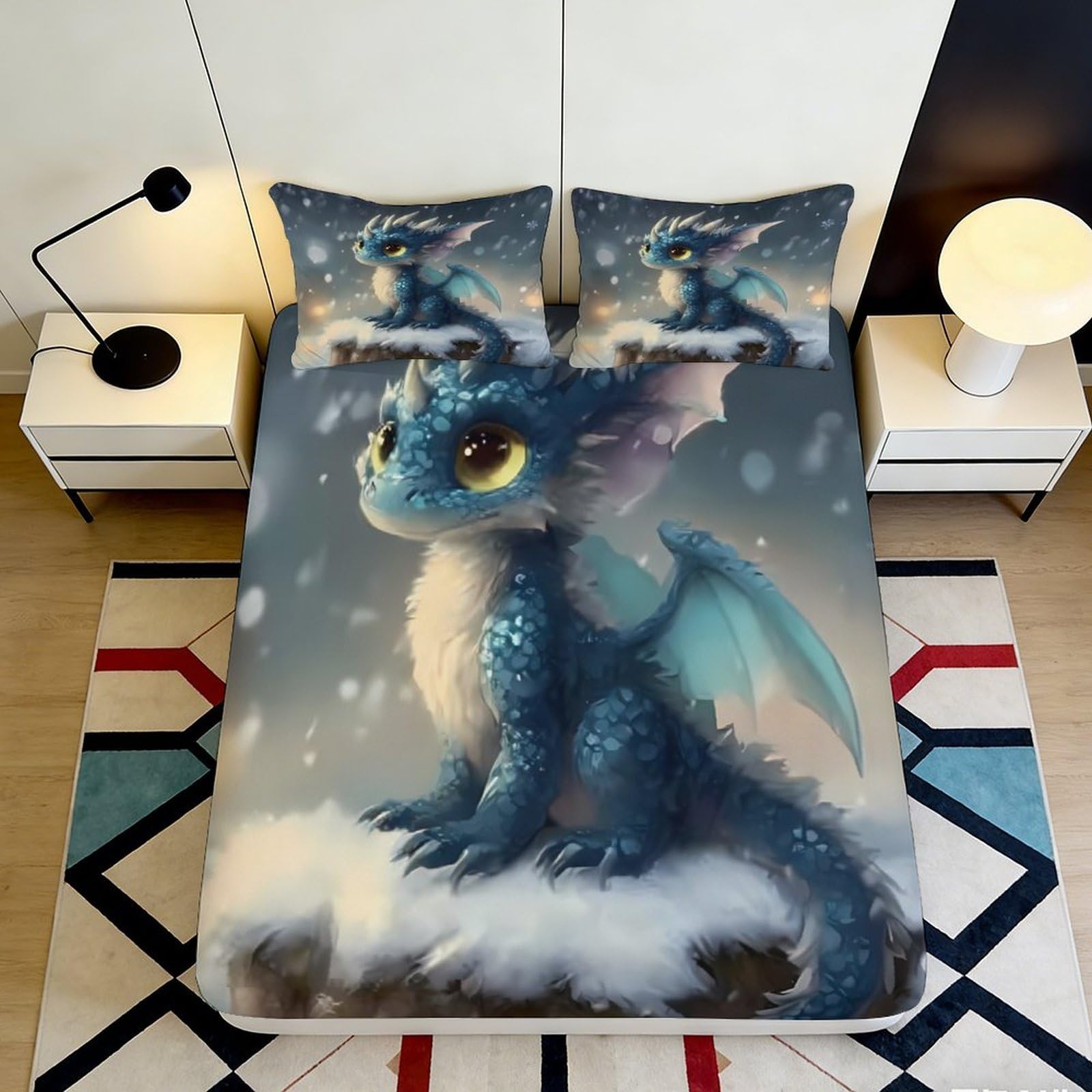 Decorative Blue Dragon Fitted Sheet 3D Printed Microfiber Soft Touch Bed Cover for Bedroom, Wrinkle Resistant, Apartment Bedding, Easy Care, All Ages, 100-120cm 90x200x25cm