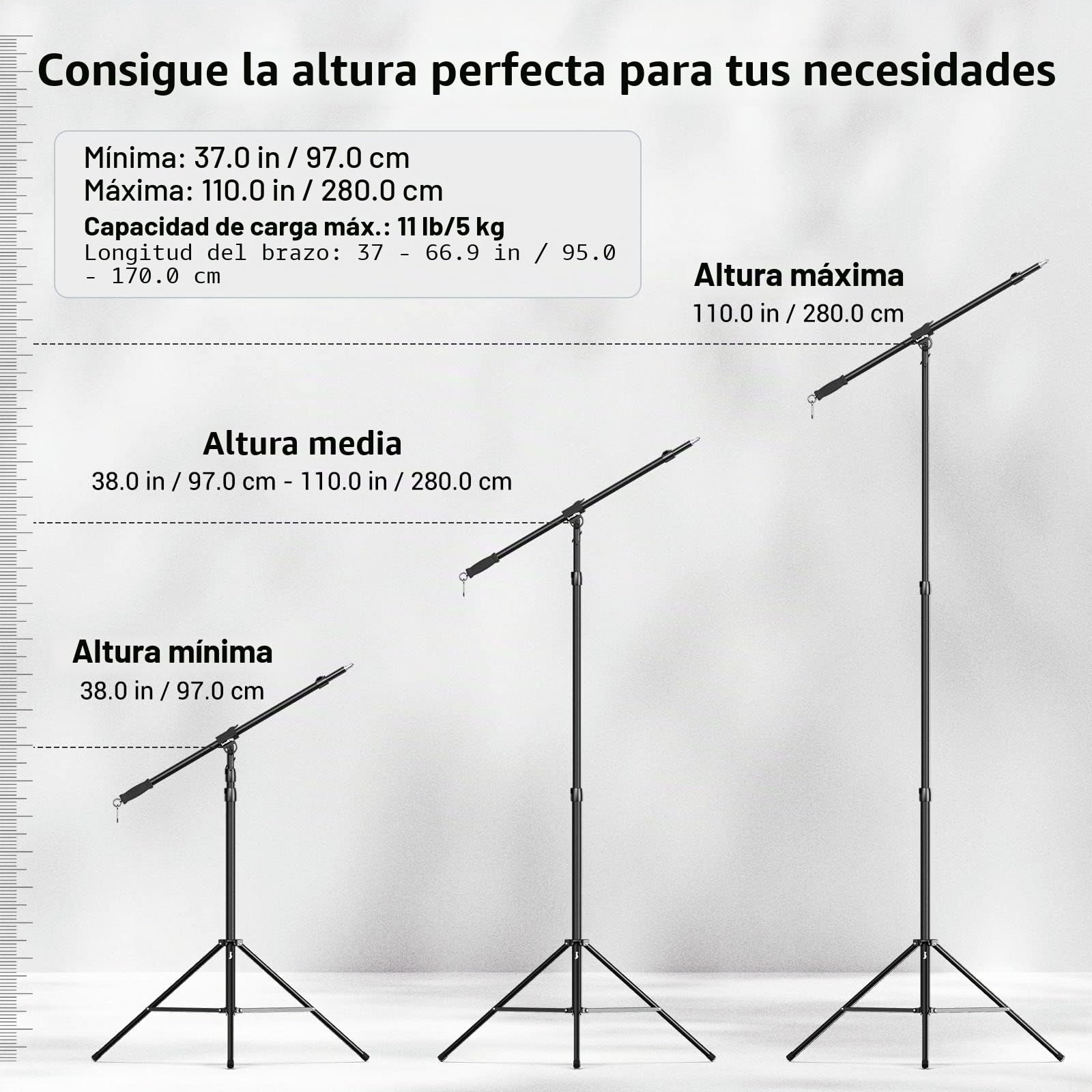 SMALLRIG Soporte de Luz Aluminio de 110''/9.2ft/280cm, Trípode con Cámara de Aire Ajustable con Tornillo 1/4" para Aputure Godox Luz Continua,para Neewer Aro de Luz,Carga Máxima 5kg, RA-S280A - 3737
