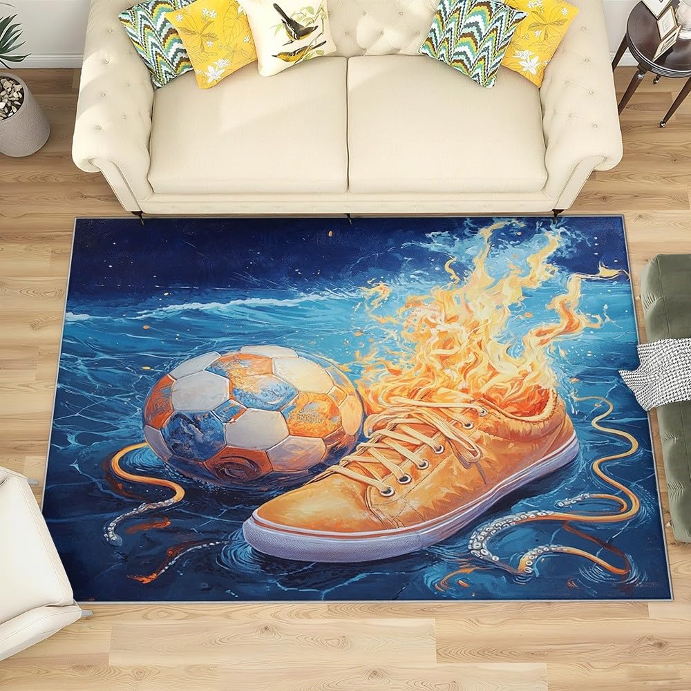 Dywanik antypoślizgowy do salonu, sypialni, 80 x 150 cm, zmywalny, odporny na plamy, niskie runo, chmura, buty do piłki nożnej, płomień, mały dywan, miękki, odporny na blaknięcie, niebieski, do domu