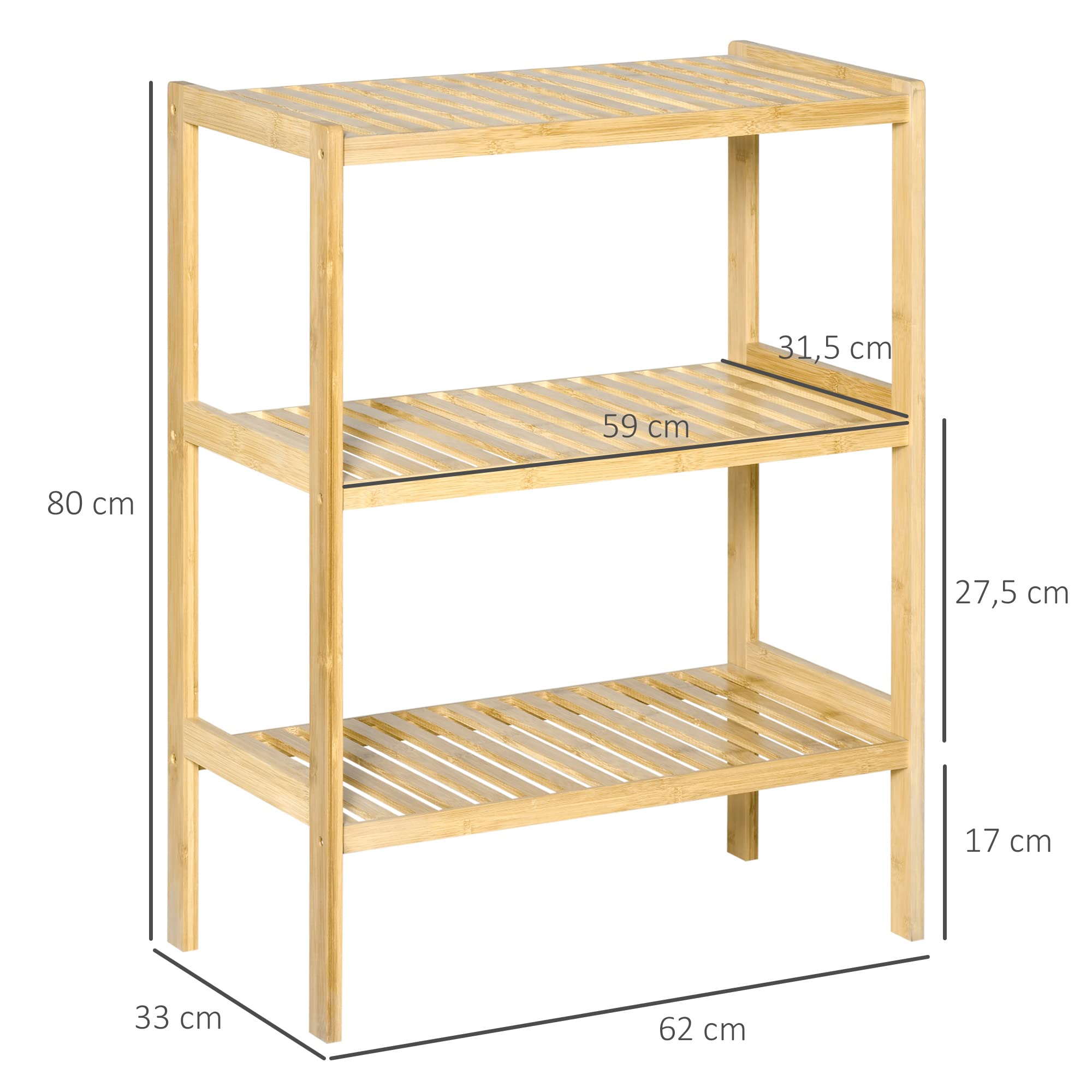 HOMCOM Estantería de Bambú 3 Niveles 62x33x80 cm Natural para Baño Cocina