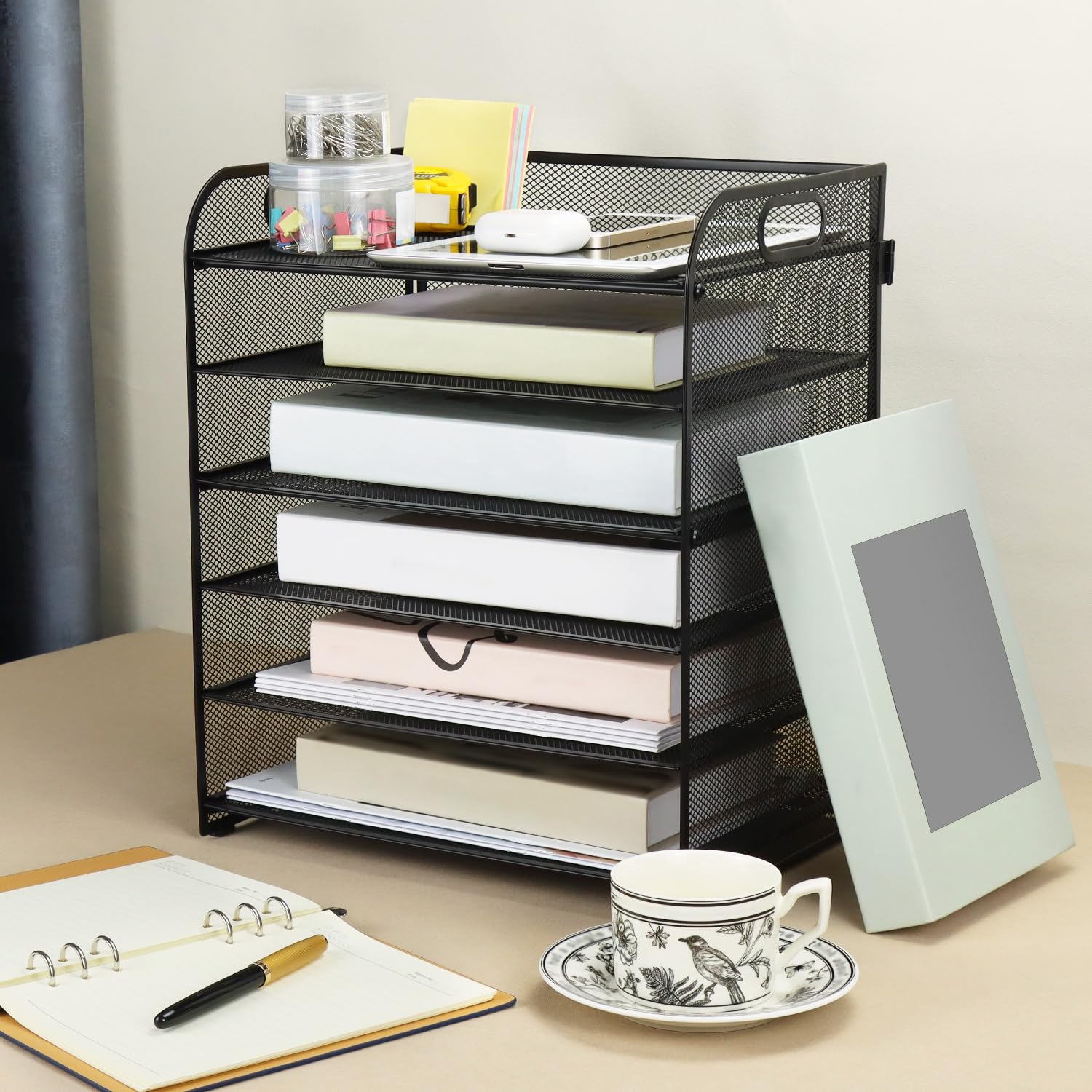QWORK® 6 Niveaux Organiseur de Bureau, Organisateur de Papier en métal maillé Noir, Organiseur de fichiers de Bureau Peu encombrant
