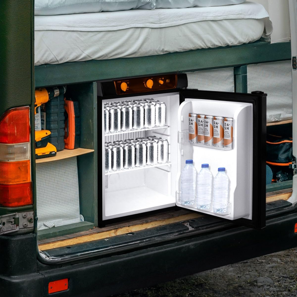 3-drożna lodówka kempingowa 43 l, chłodnica 240 V/12 V, lodówka gazowa, do kampera/przyczepy kempingowej RV, absorpcyjna, czarna, 100% bezgłośna, drzwi otwierane po lewej lub prawej stronie, wyjmowane