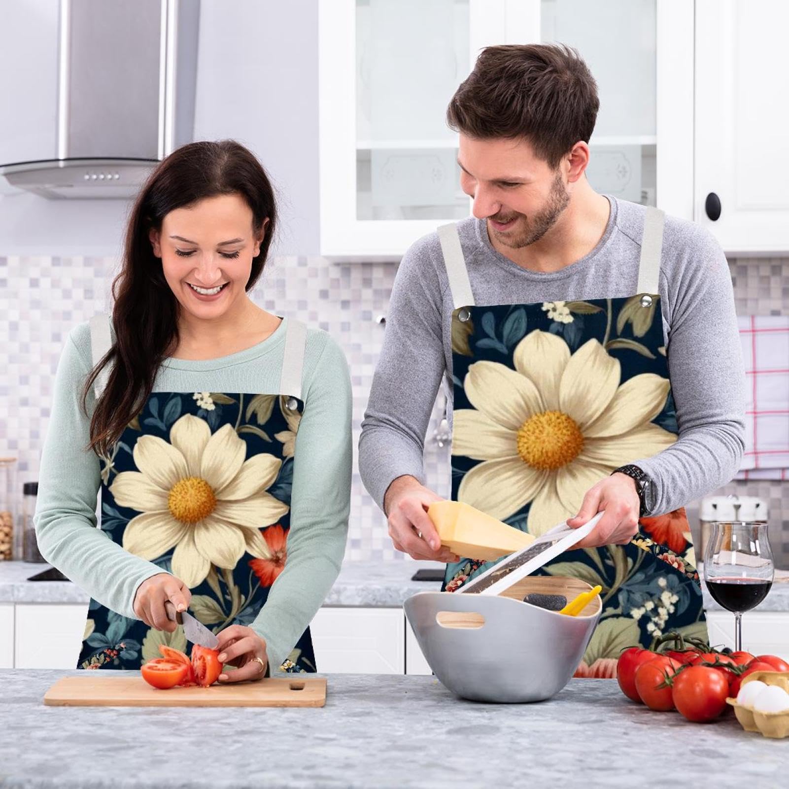Lot de 2 tabliers de cuisine en lin pour homme et femme, motif floral avec 2 poches réglables, Belle fleur., L:26.2x34.6in/66.5x88cm;M:26.2x26.6in/66.5x67.5cm