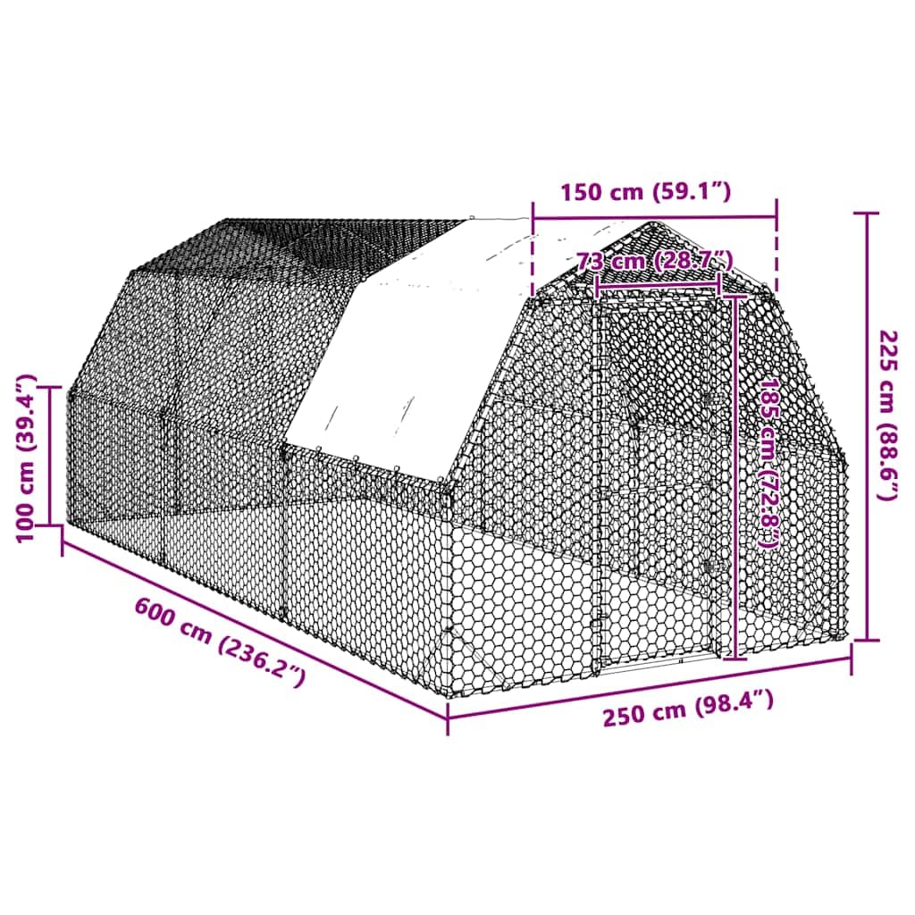 Gallinero con techo, 15 m², cercado de acero galvanizado, 2,5 x 6 x 2,25 m, gran recinto exterior para aves de corral, patos, gansos y animales pequeños