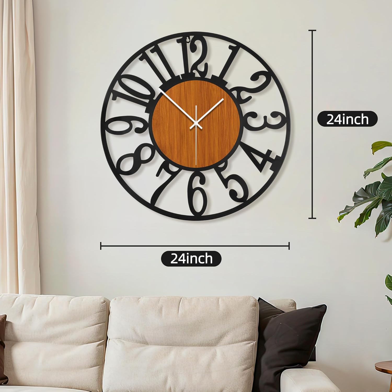 maxstar large round wall clock for living room decor battery operated non ticking black metal wood clocks for home living room garden office kitchen decoration -24 inch brown-arabic numerals 24 inch