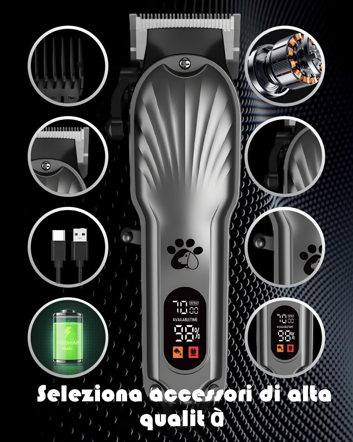 Tosatrice per cani professionale pelo lungo, senza fili, display a LED, a basso rumore, ricaricabile, con kit per la toelettatura delle unghie
