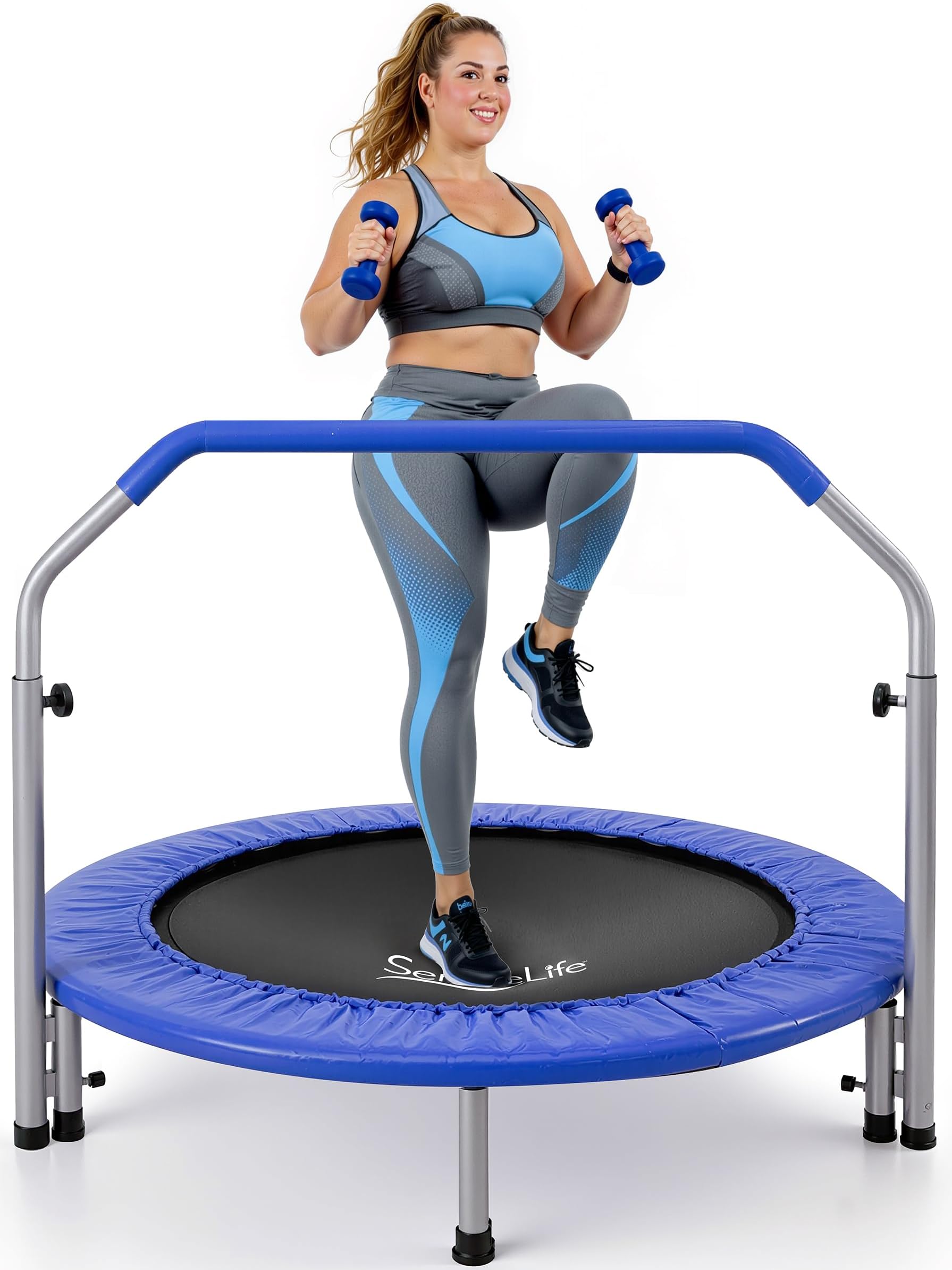 SereneLife Portable & Foldable Trampoline - 40" in-Home Mini Rebounder with Adjustable Handrail, Fitness Body Exercise