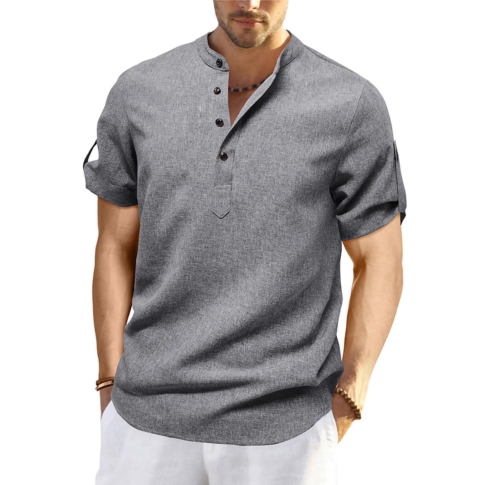 Henley Shirt Herren Kurzarm Tshirt Business Einfarbige T-Shirt Arbeit Button Kurzarmshirt Mit Stehkragen Herren-T-Shirt Freizeit Atmungsaktive Sommershirt Leicht Und Luftig Grau L