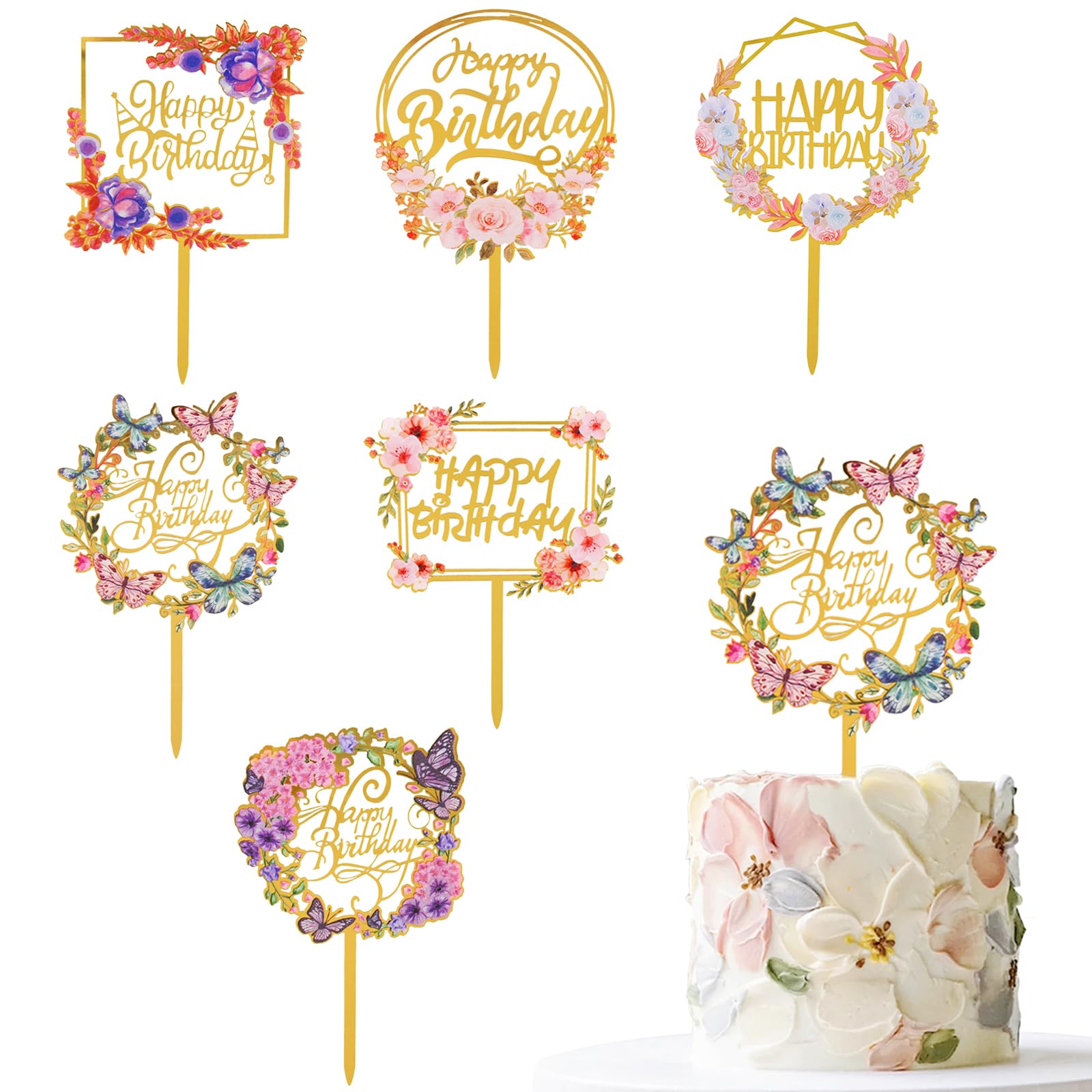 6 Pack Happy Birthday Cake Toppers Gold Butterfly Acrylic Cupcake Toppers for Birthday Cake Decorations Supplies