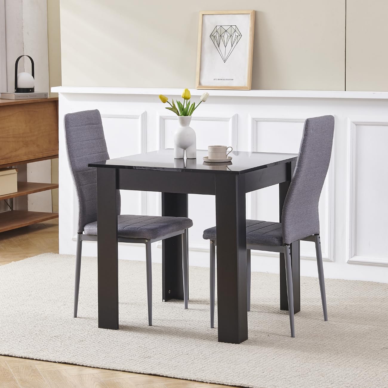 Homullel 75x75 cm Small Dining Table and 2 Chairs, 2 Seater Table and Chairs Set Kitchen Dining Room Set for 2, Compact, Space Saving, Wooden, Glossing Tabletop Black (2 Seats, Linen Grey)