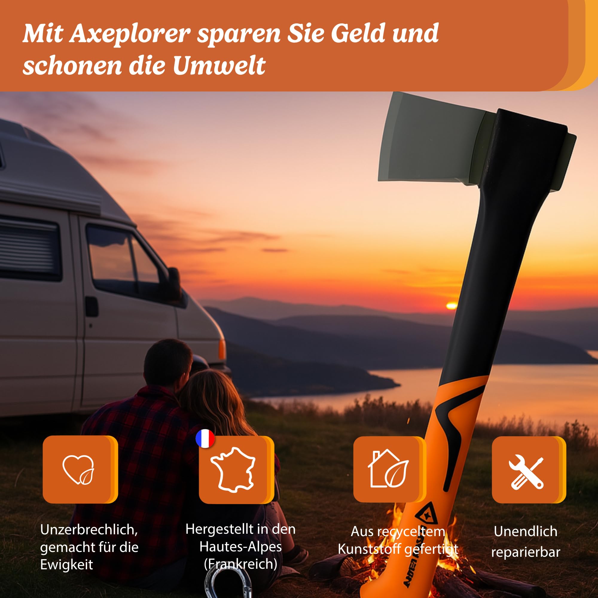 Axeplorer Axt 38 cm Bushcraft Spaltaxt mit Carbonstahlklinge, rutschfestem Griff, Klingenschutz, Karabiner & Seil – Camping Outdoor Beil, Survival Machete, Vanlife Werkzeug, holzspalter axt