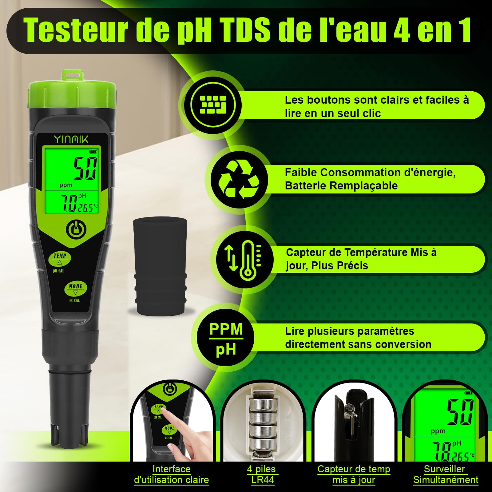 YINMIK pH-Mètre Hydroponique, Affichage Simultané de la EC/TDS/Temp, Teste Les Solutions Nutritives pour Plantes, Utilisé en hydroponie Profonde, en aéroponie et en Culture intérieure/extérieure