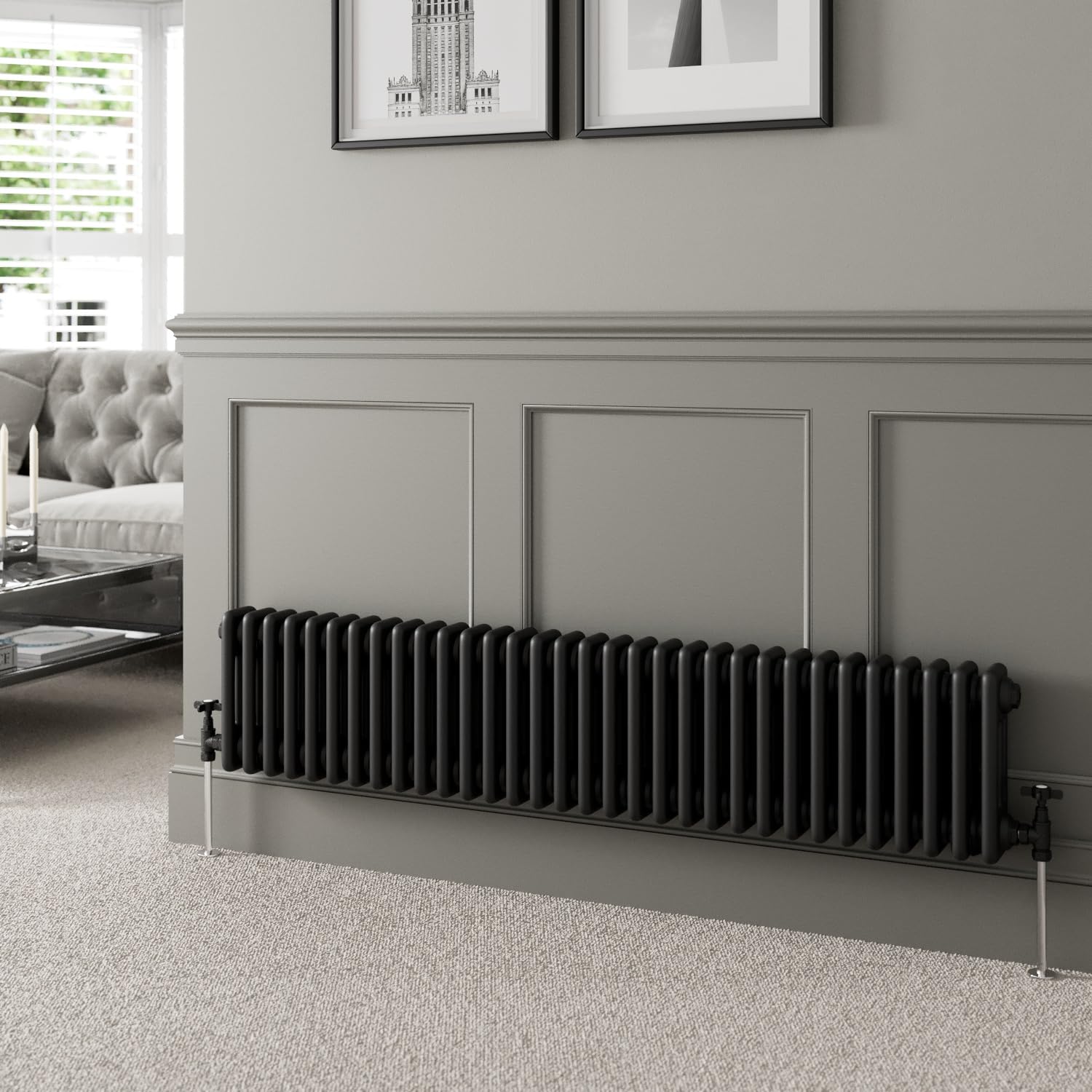 DuraTherm® 300 x 1460mm Black Traditional Horizontal Designer Radiator Triple Column Colosseum Cast Iron Style Central Heating Panel Radiators Rad