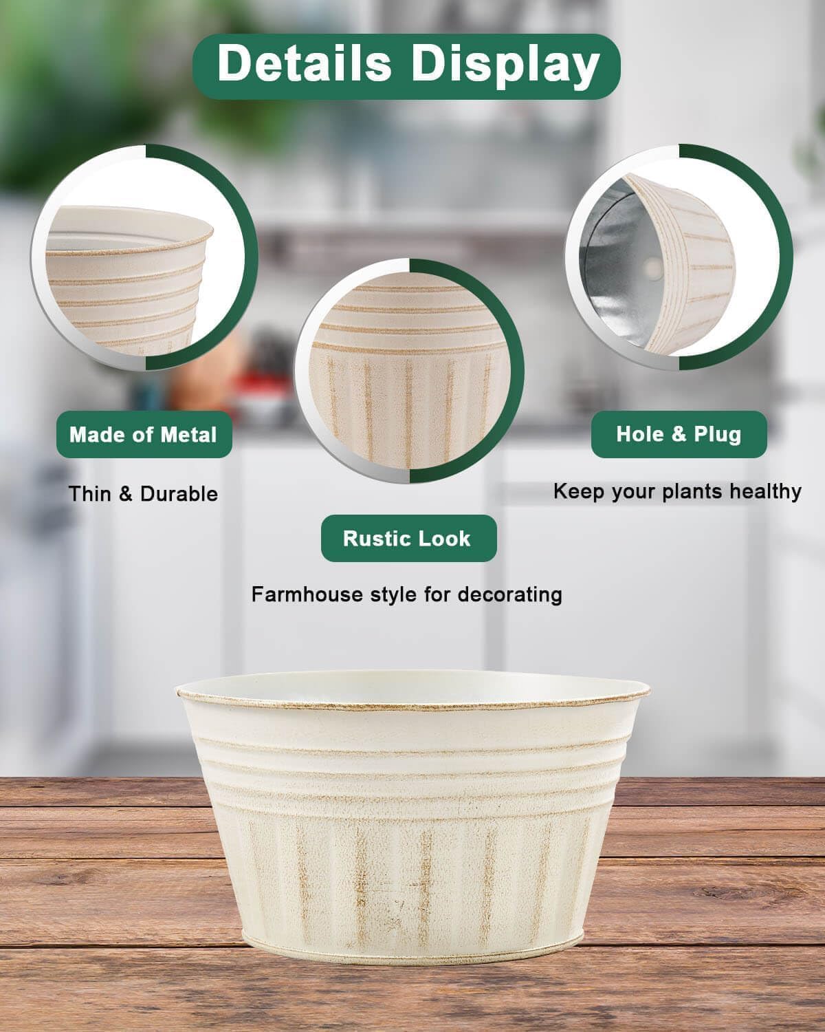 vensovo 10 Inches Beige Metal Rustic Plant Pots - 4 Pcs Large Shallow Galvanized Planters with Drain Hole and Rubber Plug, Rustproof Tin Bucket Succulent Pot Indoor Farmhouse Vintage Style for Decor