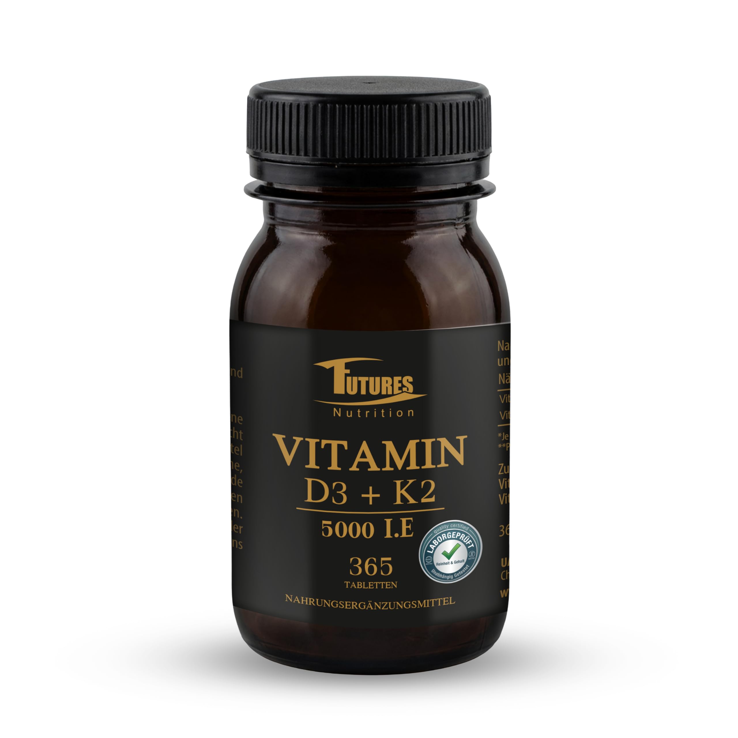 FUTURES NUTRITION 5000 I.E Vitamin D3 K2 Hochdosiert | Vegan | Beste Bioverfügbarkeit mit 99,7+% All-Trans Anteil | Nur 1 Tablette alle 5 Tage | Laborgeprüfte Reinheit | 365 Tabletten