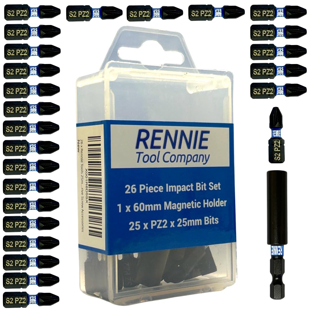 26 x Rennie Tools 25mm Long PZ2 Impact Screwdriver Driver Bits Set with Bit Holder. Heavy Duty PoziDriv POZI No.2 Magnetic Screwdriver Bit Set. PZ2 Impact Driver Bits Pozidrive Screw Accessories
