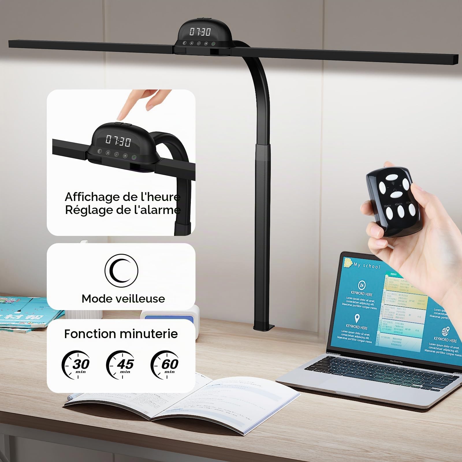 Lampe de Bureau LED et Télécommande, 24 W 90 cm, CRI 95,Lampe de Moniteur à Intensité Variable, Lampe Lumière du Jour Pour les Travailleurs de Bureau