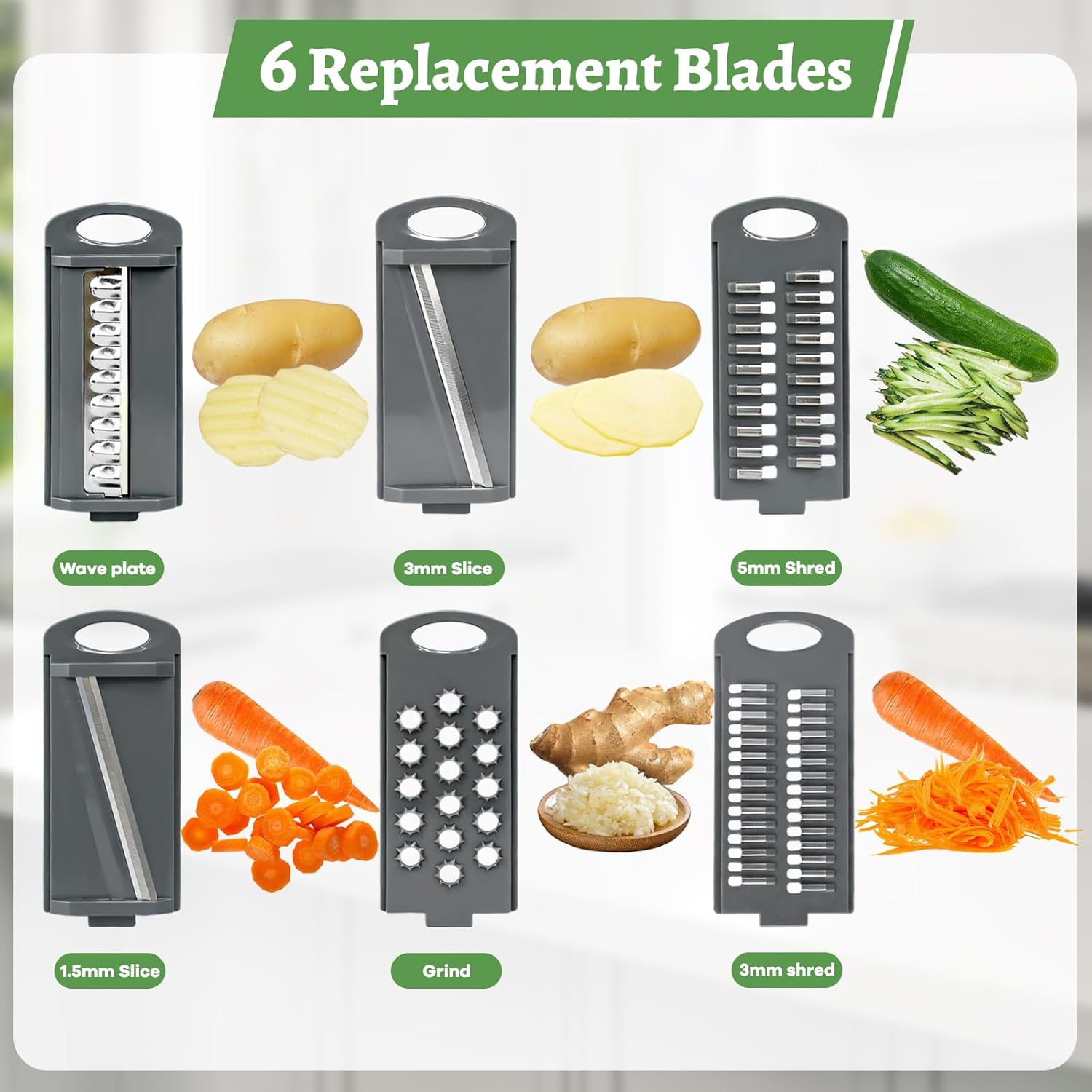 6-in-1 Mandoline Slicer for Kitchen, Food-Grade Veggie Cutter with Drainage Container, Stainless Steel Blades, BPA-Free & Non-Slip, White Plastic/Stainless Steel Options (white)