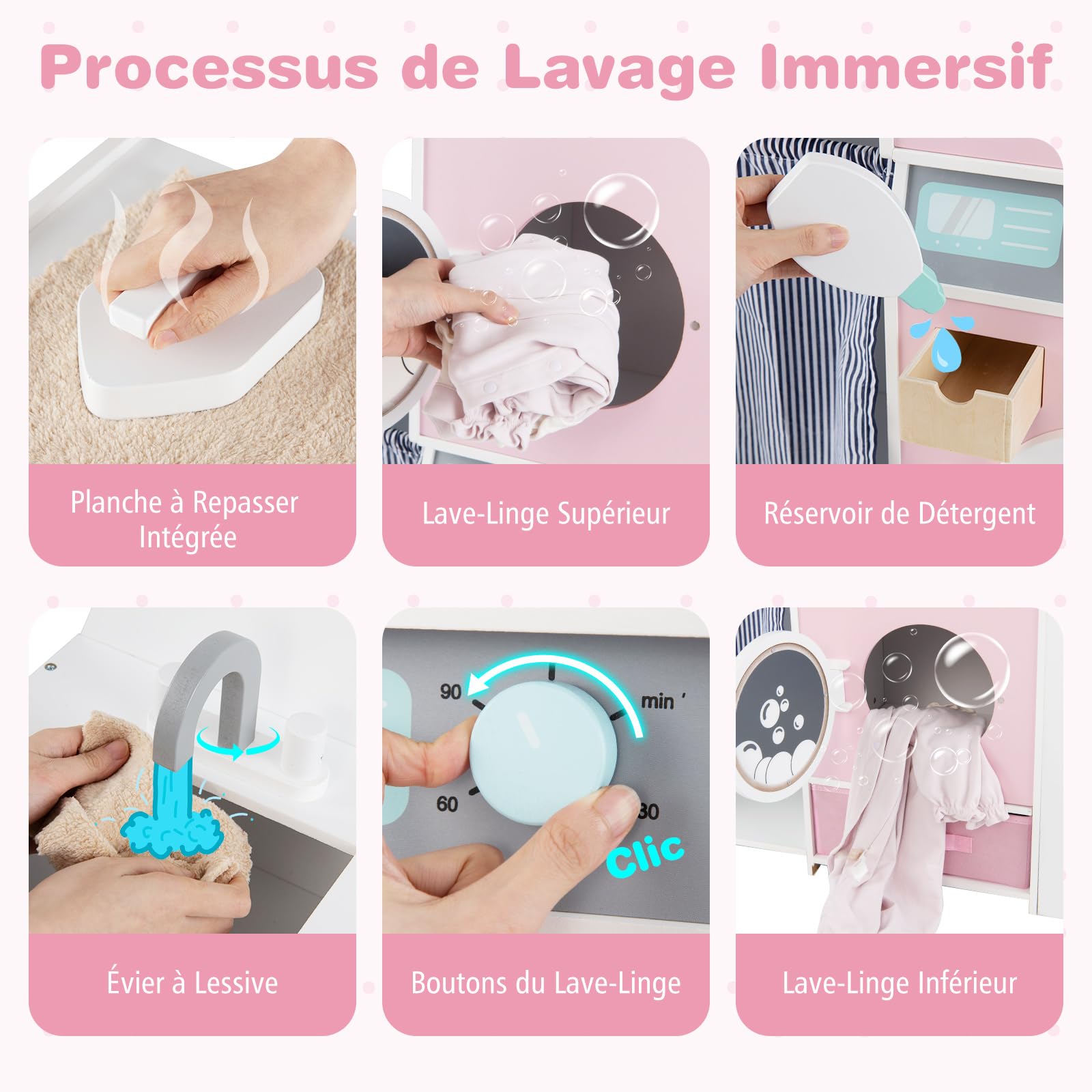 COSTWAY Machine à Laver Enfant avec Fer à Repasser et Lavabo, Buanderie Enfant en Bois avec Tiroir en Tissu Pliable et 3 Cintres, Détergent à Lessive, Jeu de Lave-Linge pour 3 Ans+
