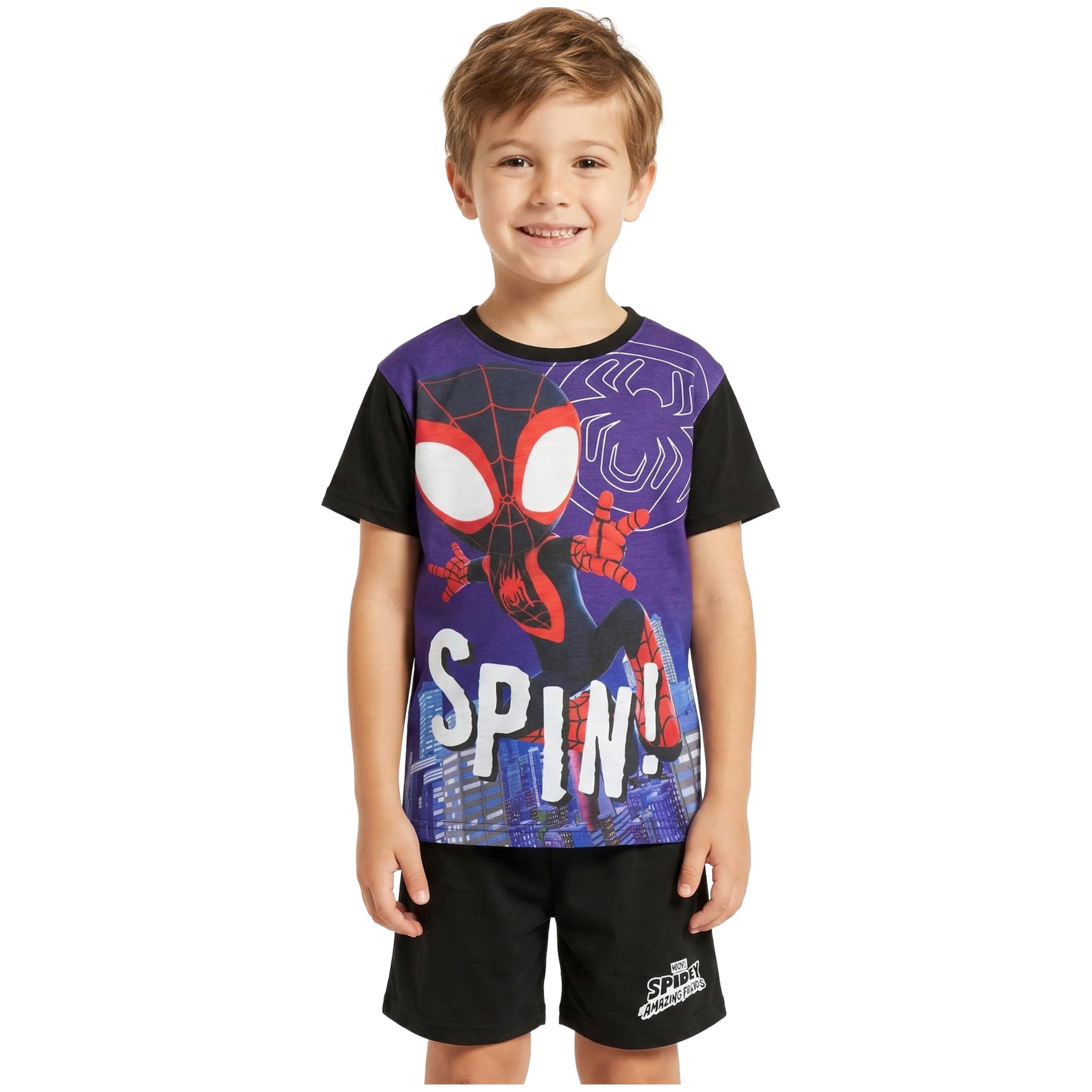 Get Trend Boys Black/Multi Spin Marvel Spidey And His Amazing Friends Spin Pyjama Set, Half-Sleeve T-Shirt Short Pj Bottoms, Soft Kids Nightwear Clothes (5-6 Years, 1 Pck)