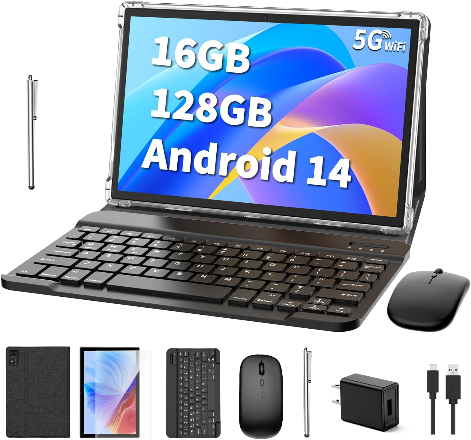 Android 14 Tablet, 10 Inch Tablet with Keyboard, 16GB+128GB, 1TB Expansion, Octa-Core, WiFi 2.4G/5G, 8000mAh, BT V5.0, GMS Certified, IPS Touchscreen, GPS, with Case, Mouse, Pencil