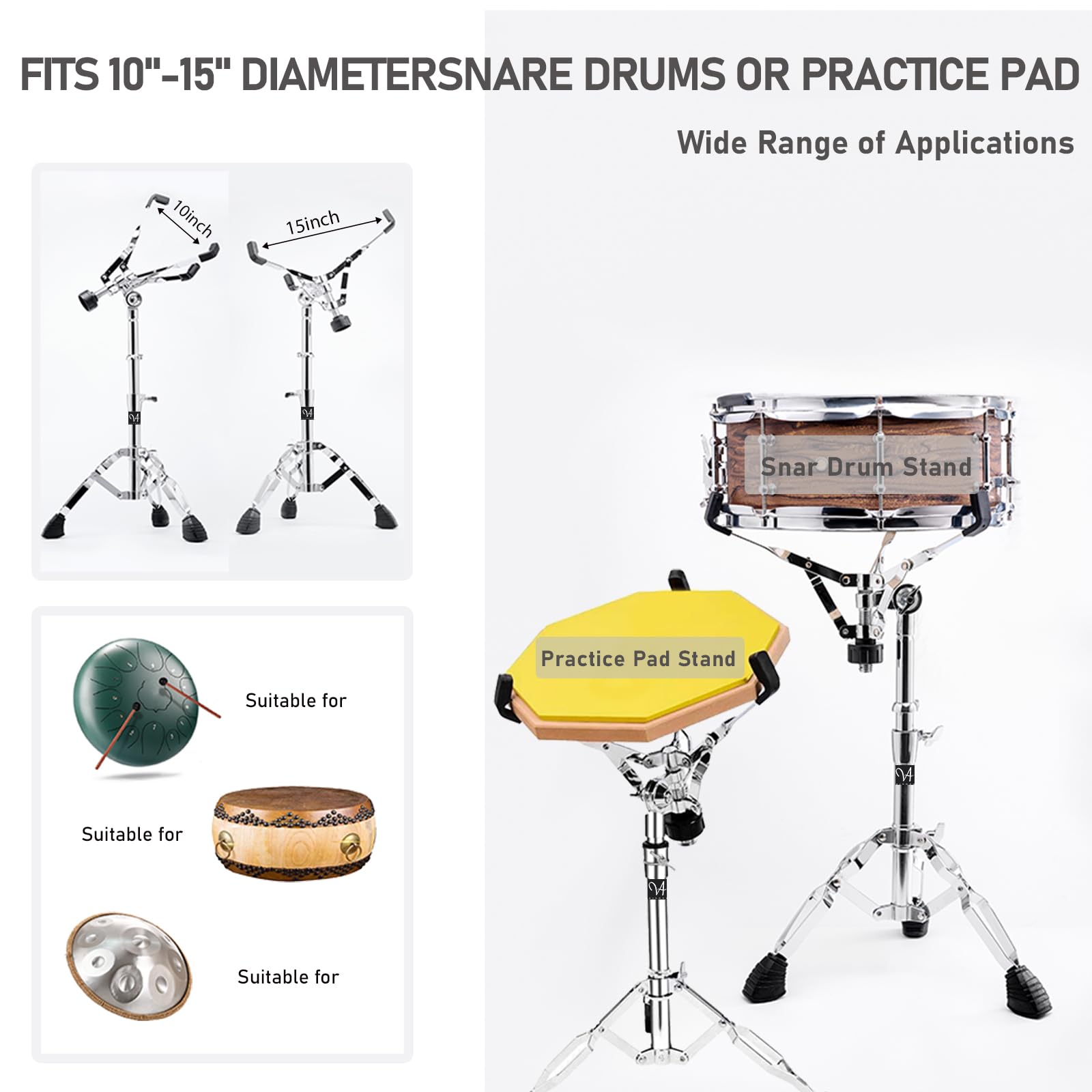 Vaisoeny Snare Drum Stand,Snare Stand with Drum Sticks Holder,Double Braced Adjustable Height 17.7" to 25.5",Drum Pad Stand for 10-15 Inches Snare Drum and Practice Pad(V-JGJ002) - Image 2