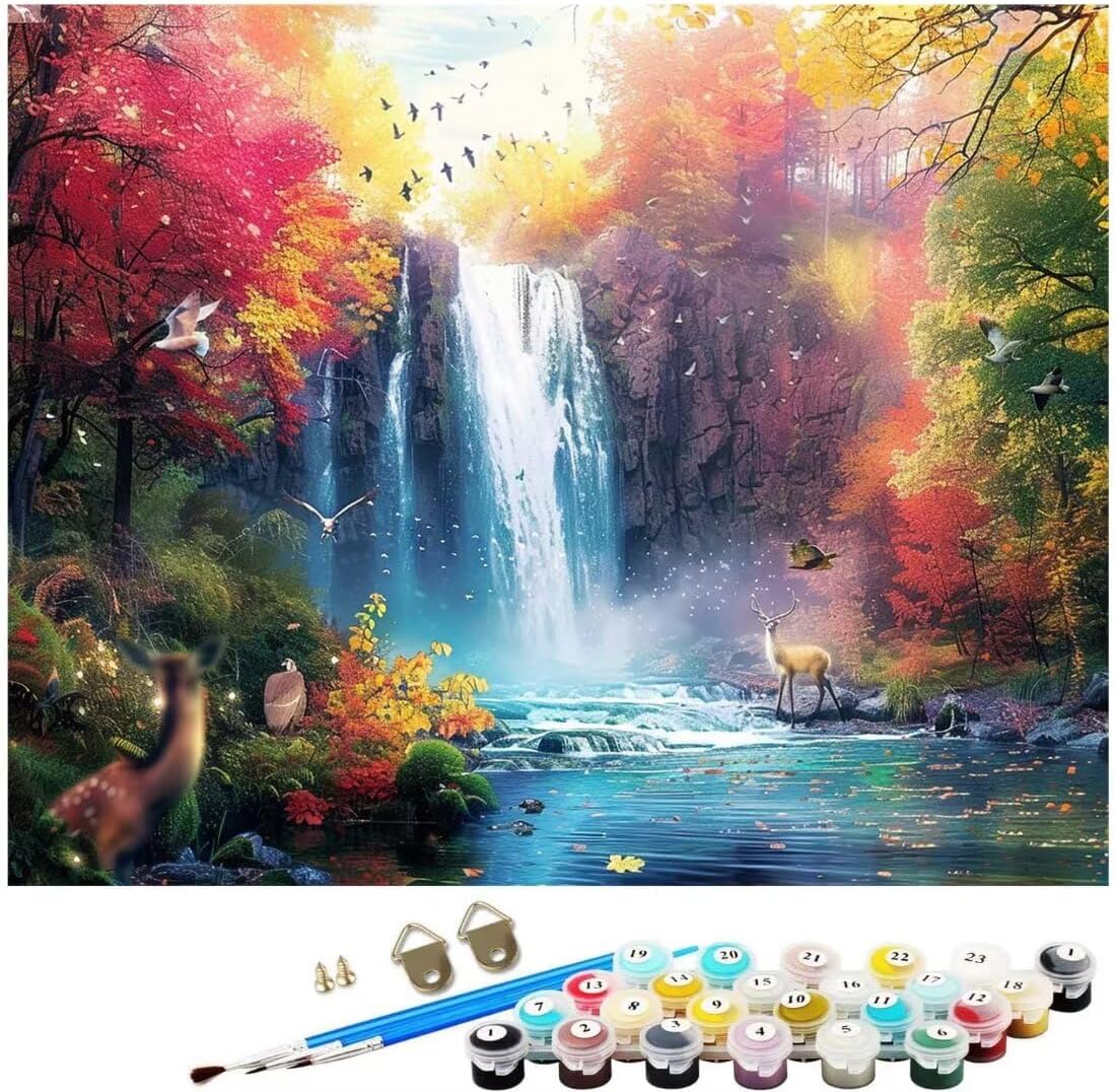 Waterfall Forest Paint by Numbers for Adults, DIY Paint by Number Canvas Acrylic Paint by Numbers Kit, DIY Painting by Numbers for Kits, DIY Oil Painting Home Wall Decor (Without Frame) 50x65cm WK-29