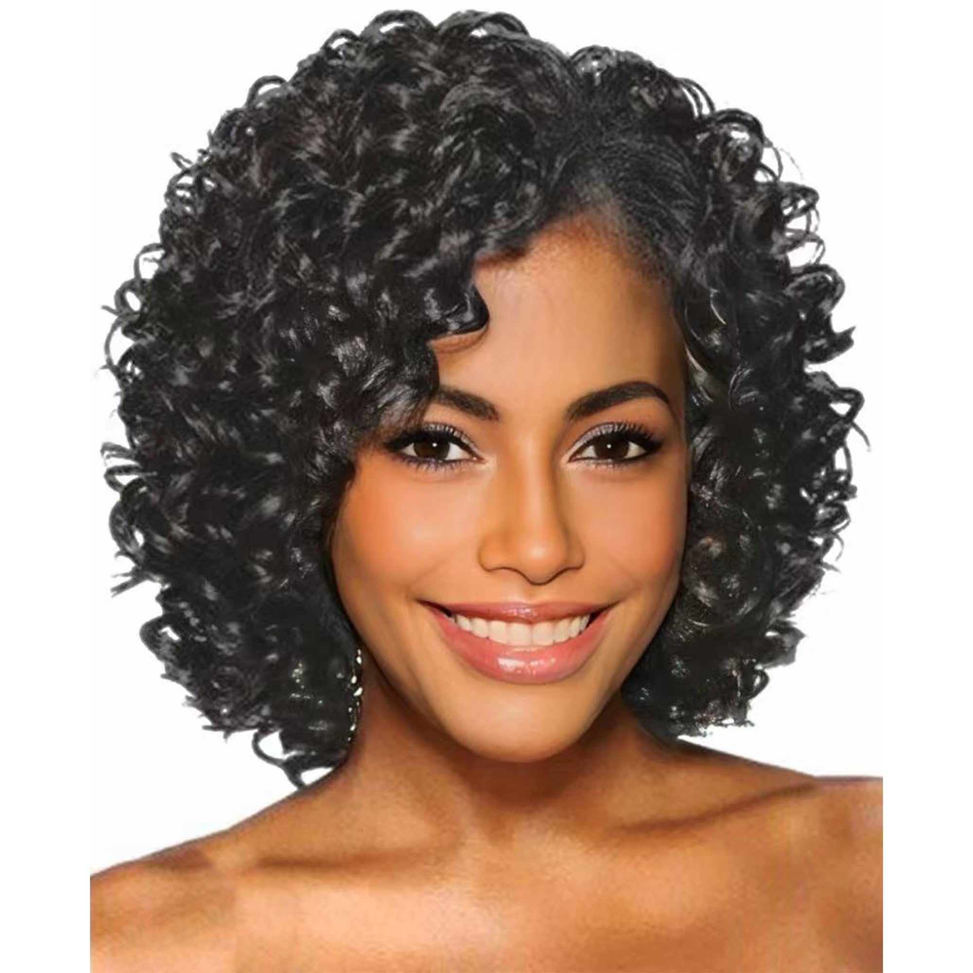 XIUFAXIRUSI XIUFAXIRUSI Short Curly Wigs for Black Women Black Kinky Curly Afro Wig with Side Bangs Natural Synthetic Full Hair Wig
