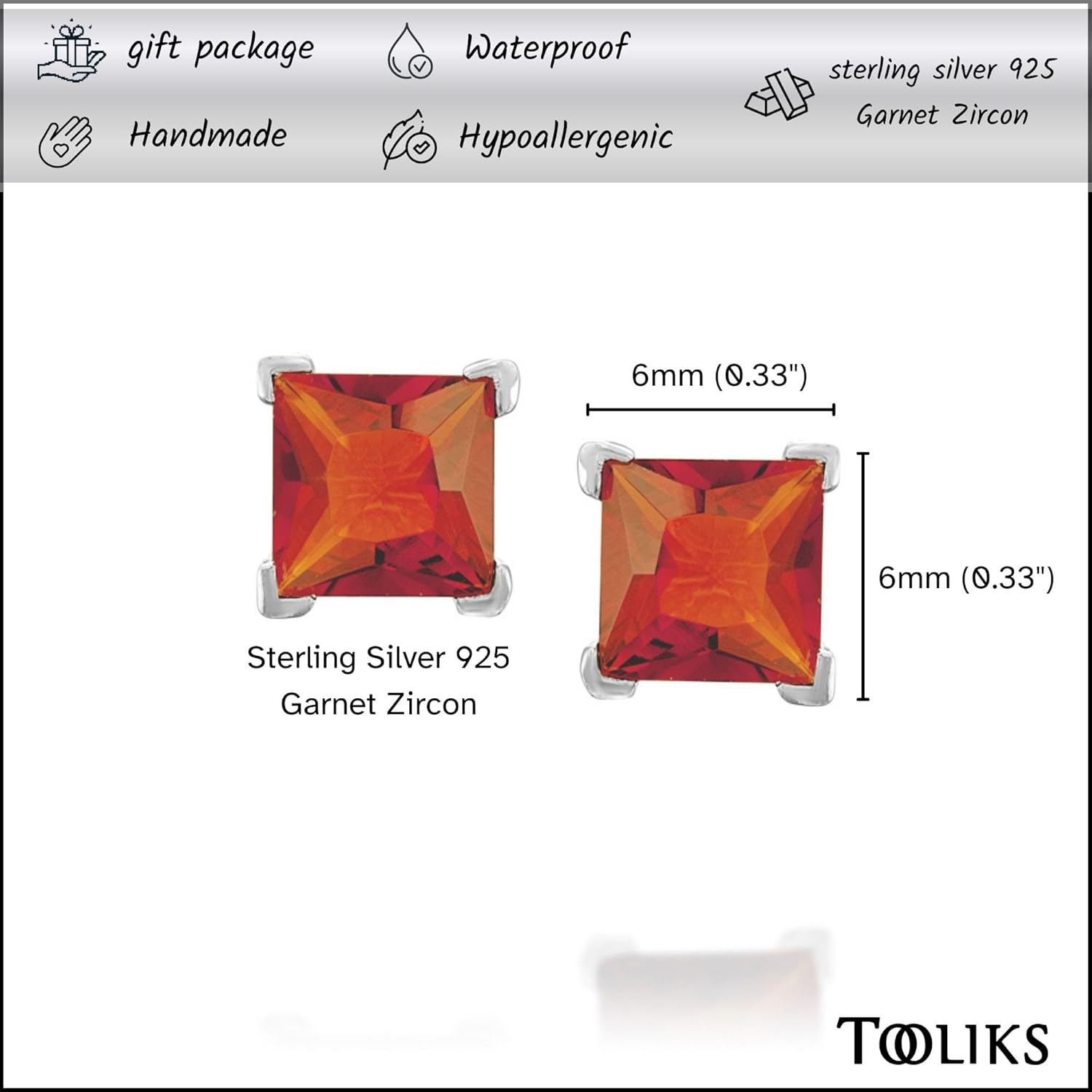Men’s Red Zircon Stud Earrings, Square Cut Cubic Zirconia, Sterling Silver 925