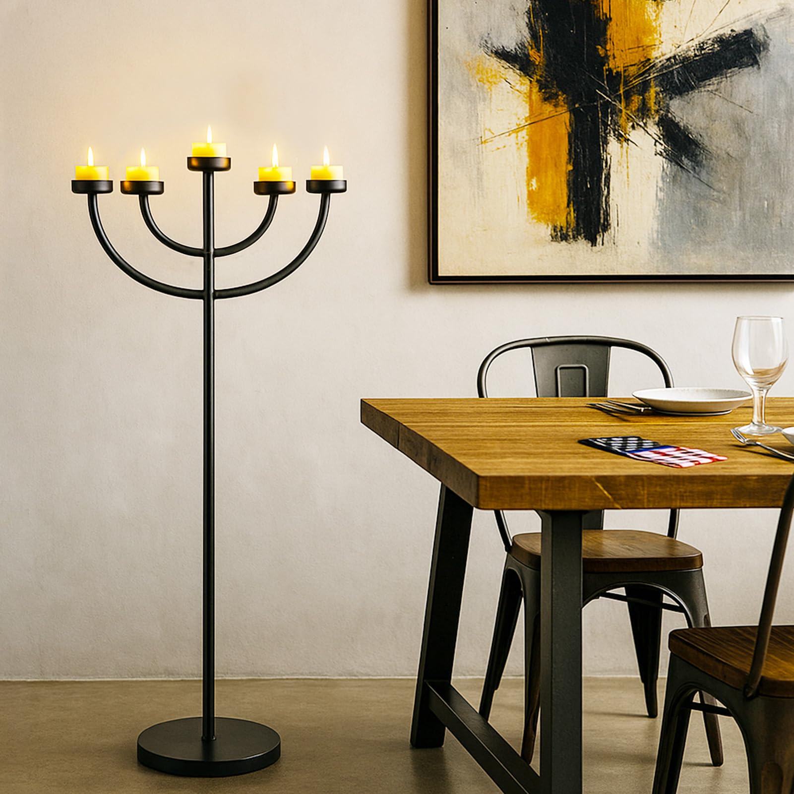 Portavelas de metal negro de 5 brazos, moderno candelabro de pie para decoración del hogar, vacaciones y eventos