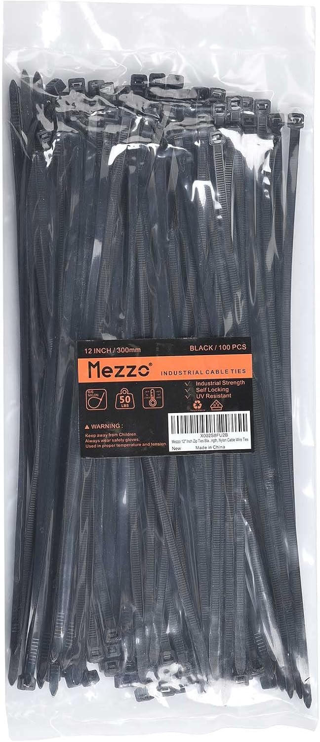 Mezzo Cable Zip Ties Heavy Duty 12 Inch（100 Pack）, Ultra Strong Plastic Wire Ties with 50 Pounds Tensile Strength, Self-Locking UV Resistant Black Nylon Zip Ties for Indoor and Outdoor : Electronics