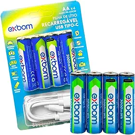 Kit 4 Pilhas Recarregáveis AA 1.5V Lítio 3000mAh USB-C Com LED Alta Duração Sem Carregador Compatível Controle Brinquedo Câmera - Brucaro Prime