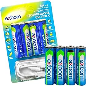 Kit 4 Pilhas Recarregáveis AA 1.5V Lítio 3000mAh USB-C Com LED Alta Duração Sem Carregador Compatível Controle Brinquedo Câmera - Brucaro Prime