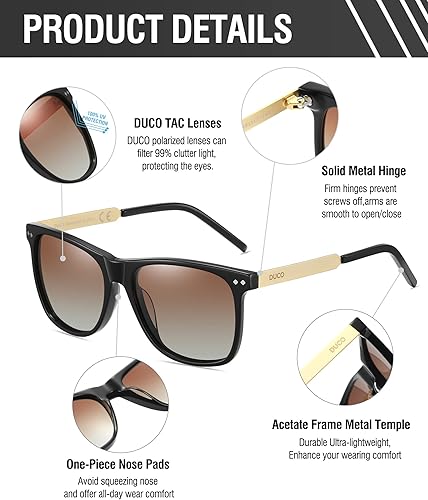 Miniatura 3 de DUCO Gafas de sol polarizadas cuadradas retro para hombres y mujeres, gafas de sol con marco de acetato 100% protección UV 2143