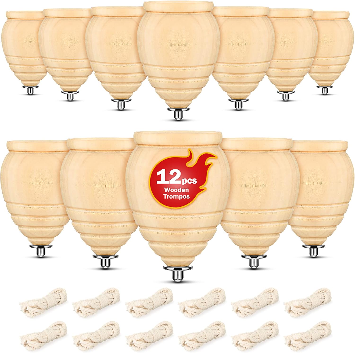 12 Sets Spinning Tops Trompo Classic Wood Carved Spinning Tops Sturdy Steel Point Enhanced Stability for Beginners Intermediates Gifts Trompos Mexicanos Trompos De Madera (Wood Color)