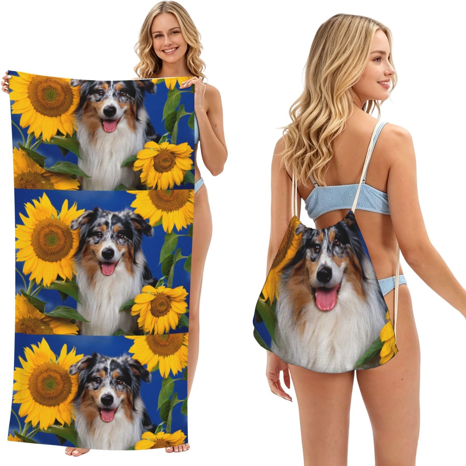 Poadnly As Picture Australian Shepherd, 2 In 1 Packable Towel Bag, Beach Towels With Drawstring Backpack For Travel Holiday Camping