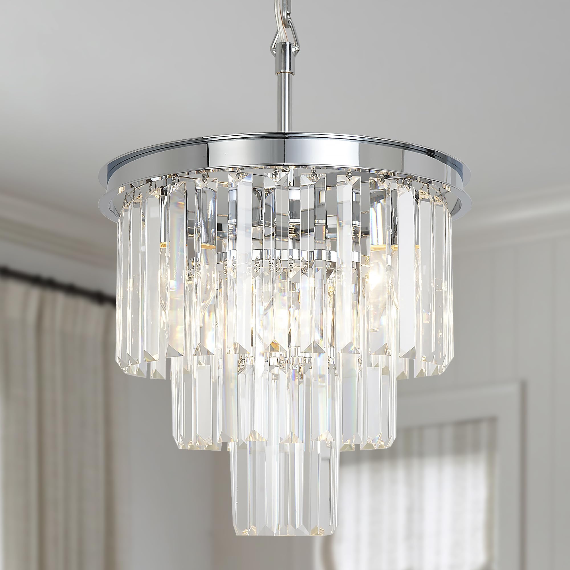 Crystal Chrome Chandelier Modern Chandeliers Lighting 4 Lights Pendant Ceiling Light Fixture 3-Tier for Dining Room Living Room Kitchen Island