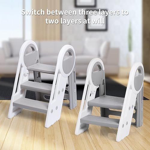 Miniatura 3 de Escalera escalonada plegable de 3 escalones para niños, torre de pie de tres escalones para encimera de cocina, taburetes ajustables de 3 escalones